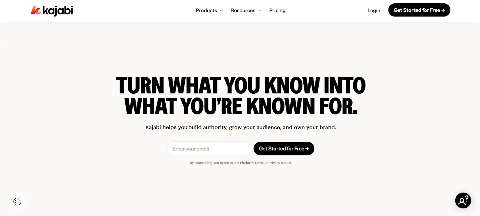 Kajabi homepage displaying online courses, subscriptions, and marketing automation tools