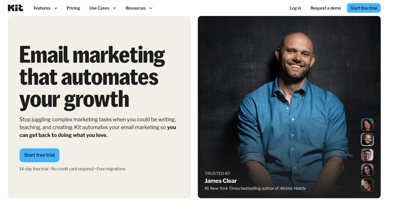 Kit homepage highlighting email marketing, automations, and creator monetization tools