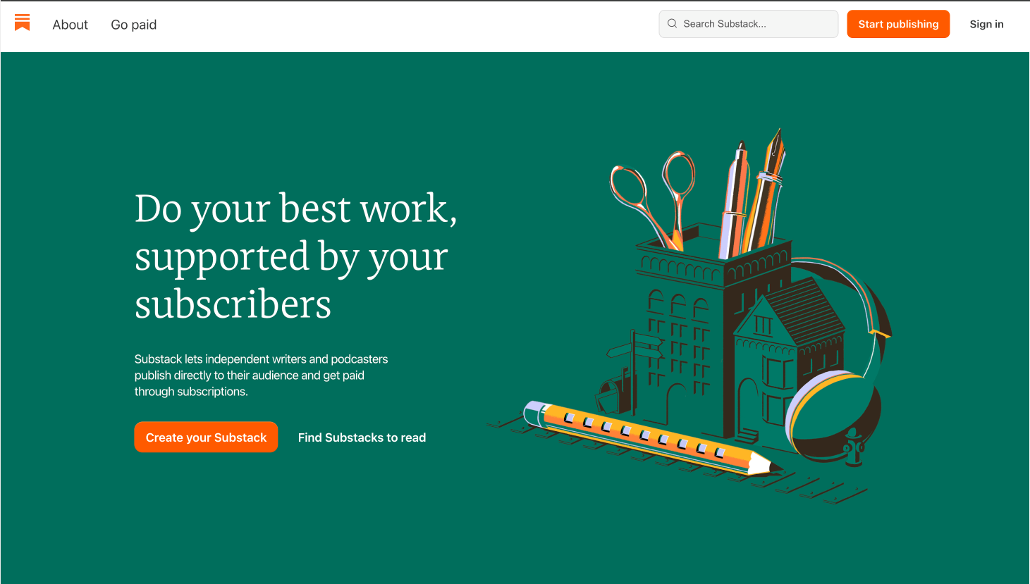 Substack homepage featuring paid newsletters, blogs, and subscription publishing tools