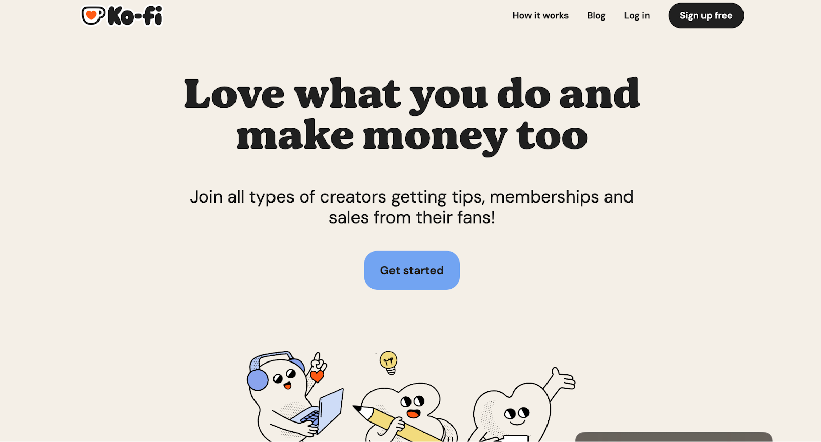 Ko-fi homepage showing creator tips, memberships, commissions, and digital shop features