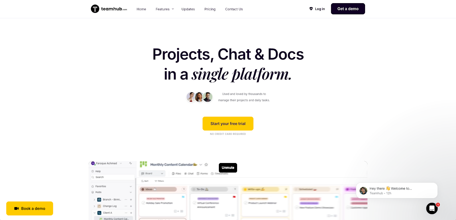 Teamhub.com’s homepage showcasing features, updates, and more