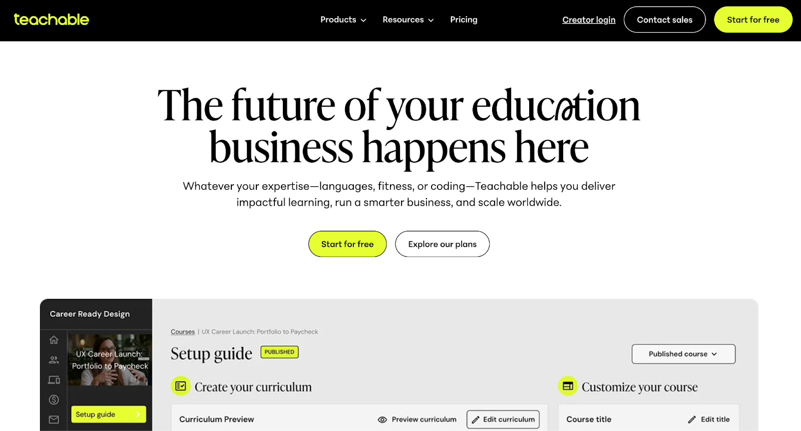 Teachable homepage displaying online course creation, subscriptions, and sales tools