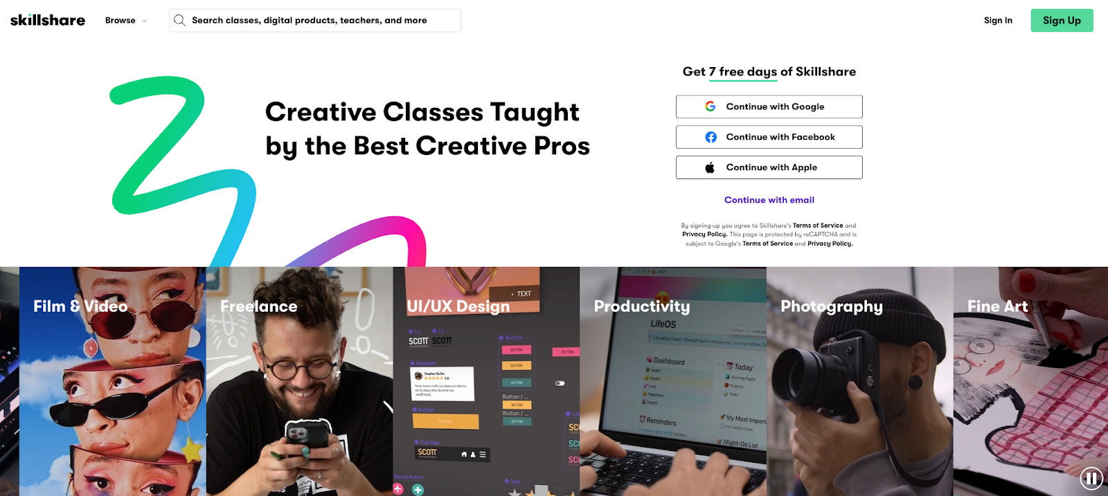 Skillshare homepage highlighting film & video, freelance, productivity, and more