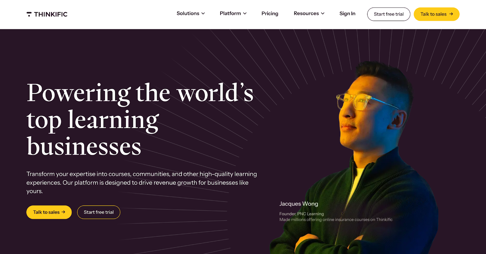 Thinkific homepage displaying solutions, platform, and more