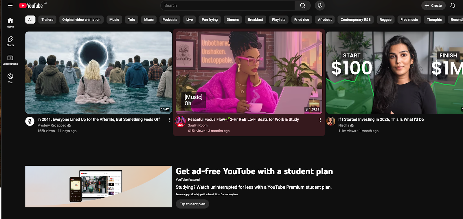 YouTube homepage showing video suggestions