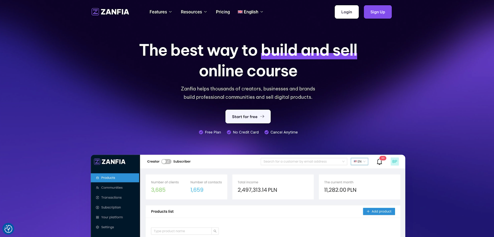 Zanfia homepage showing features, resources, and more