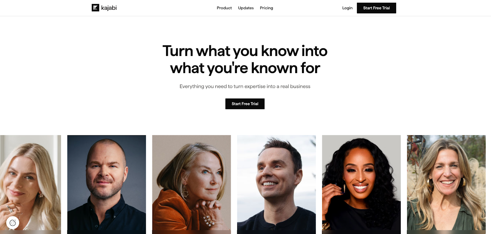 Kajabi homepage displaying online courses, subscriptions, and marketing automation tools