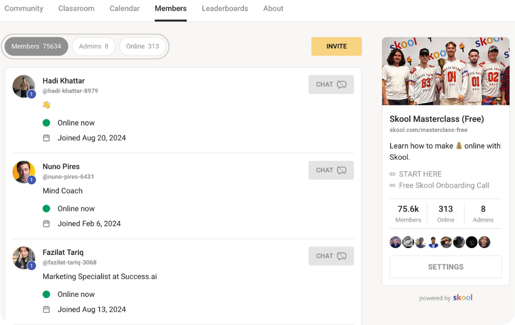 Skool homepage showing community discussions, courses, and membership features