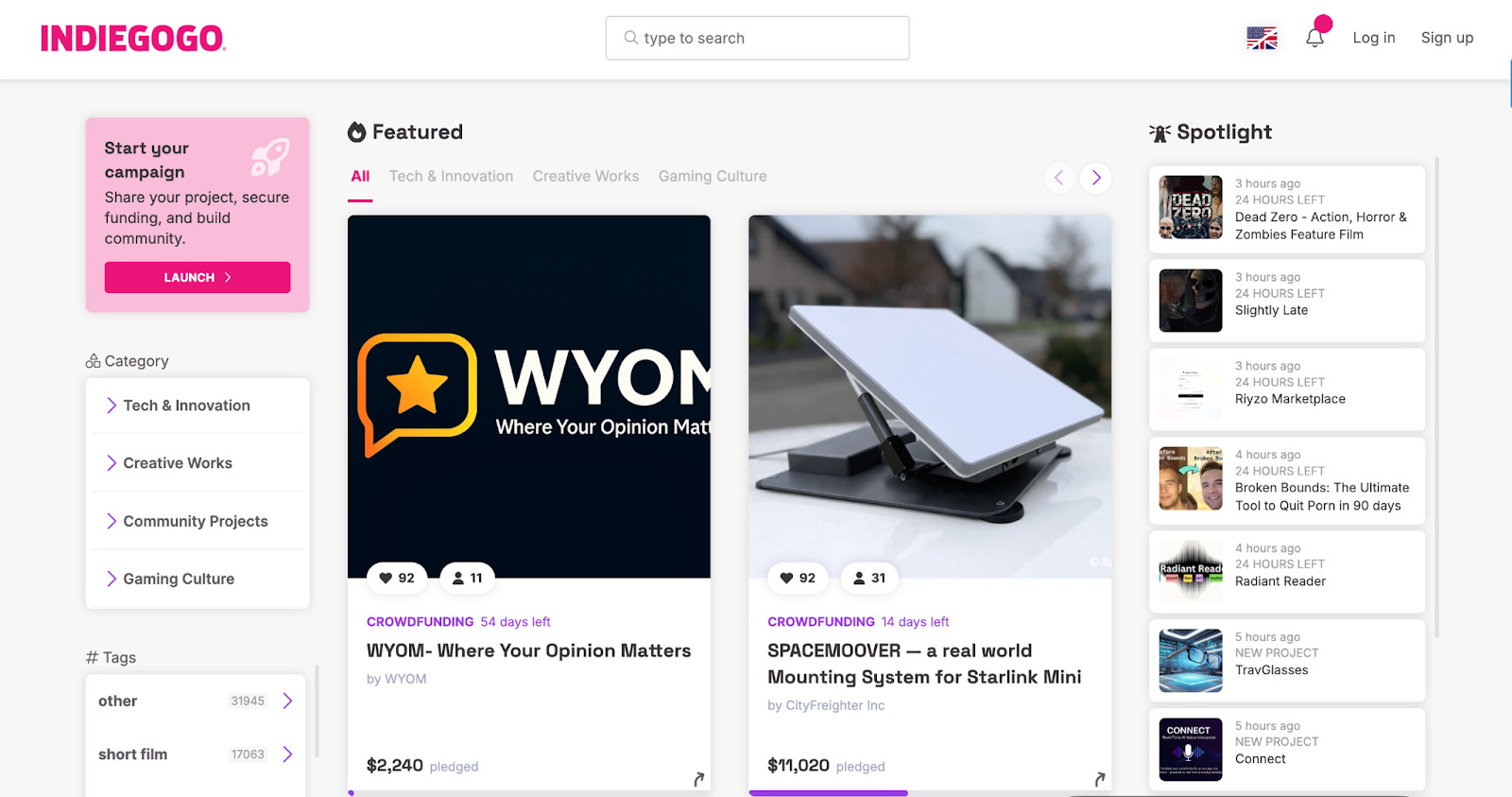 Indiegogo platform features and spotlights
