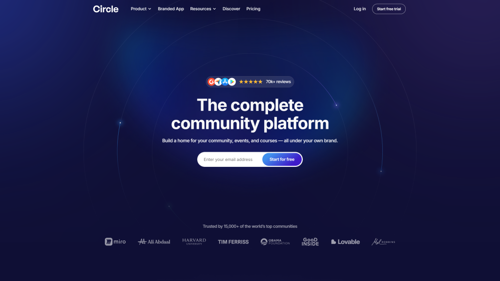 Circle homepage displaying community building, memberships, and online course features
