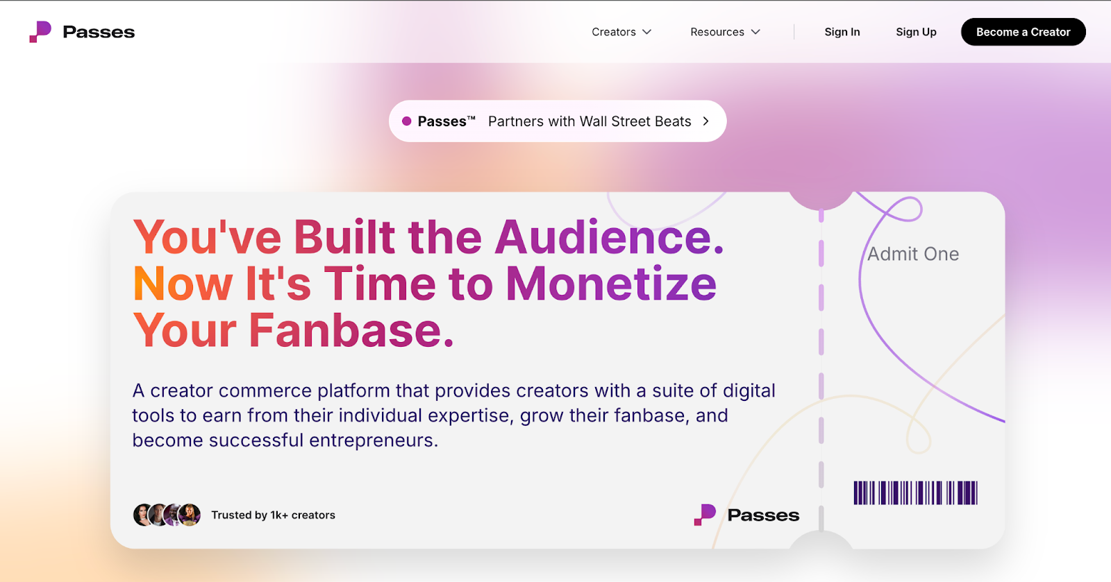 Passes homepage showing creator subscription tools, memberships, and fan engagement features